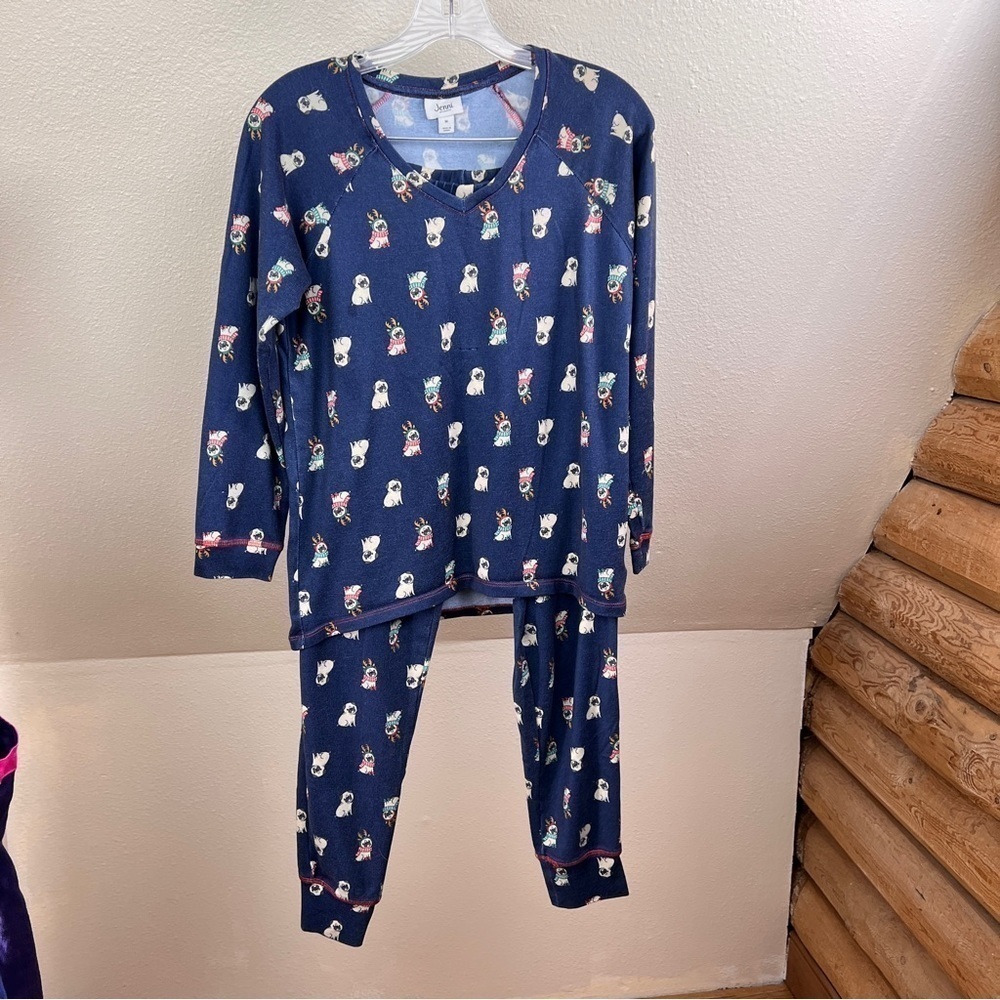 JENNI INTIMATES Pug Christmas Reindeer 2-piece Pajama set. Size Medium. V-neck